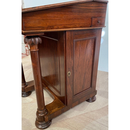 43 - A VERY FINE WILLIAM IV ROSEWOOD DAVENPORT DESK, with raise brass gallery to the back, a green gilt l... 