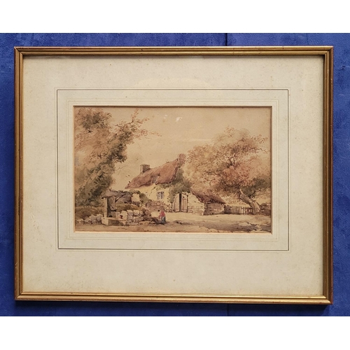 44 - A 19TH CENTURY WATERCOLOUR, FIGURE BY A WELL; A COTTAGE BEYOND, watercolour on paper, unsigned, gall... 