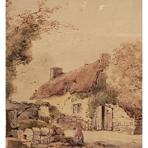 44 - A 19TH CENTURY WATERCOLOUR, FIGURE BY A WELL; A COTTAGE BEYOND, watercolour on paper, unsigned, gall... 