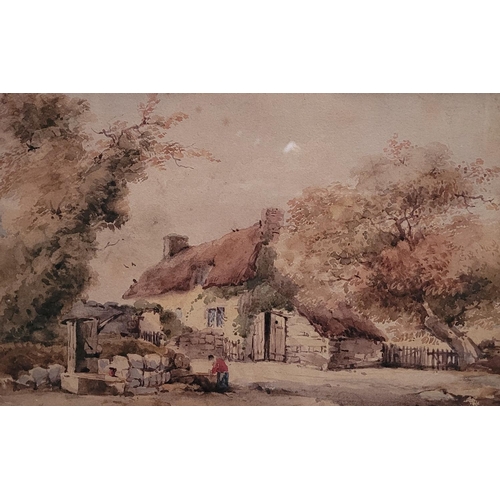 44 - A 19TH CENTURY WATERCOLOUR, FIGURE BY A WELL; A COTTAGE BEYOND, watercolour on paper, unsigned, gall... 