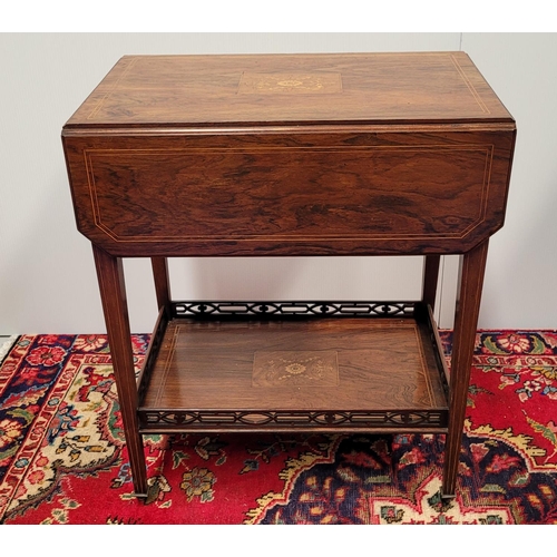 49 - A VERY FINE EDWARDIAN ROSEWOOD INLAID DROP LEAF TROLLEY TABLE, 	the top adorned with central inlaid ... 