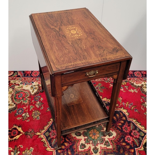 49 - A VERY FINE EDWARDIAN ROSEWOOD INLAID DROP LEAF TROLLEY TABLE, 	the top adorned with central inlaid ... 