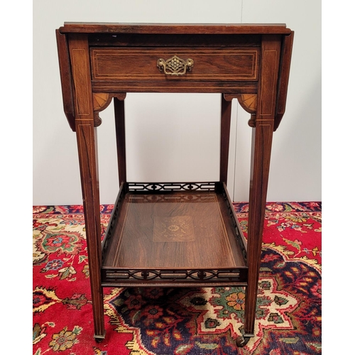 49 - A VERY FINE EDWARDIAN ROSEWOOD INLAID DROP LEAF TROLLEY TABLE, 	the top adorned with central inlaid ... 