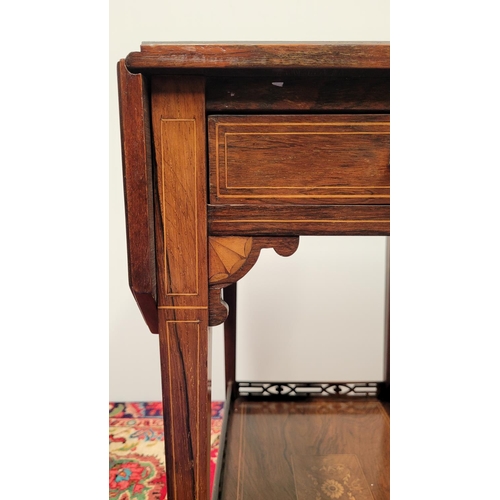 49 - A VERY FINE EDWARDIAN ROSEWOOD INLAID DROP LEAF TROLLEY TABLE, 	the top adorned with central inlaid ... 