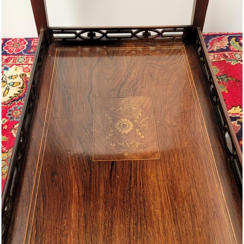 49 - A VERY FINE EDWARDIAN ROSEWOOD INLAID DROP LEAF TROLLEY TABLE, 	the top adorned with central inlaid ... 