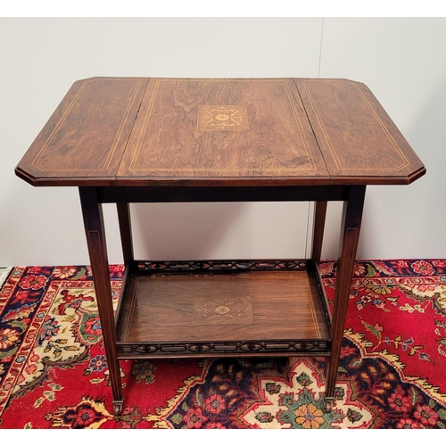 49 - A VERY FINE EDWARDIAN ROSEWOOD INLAID DROP LEAF TROLLEY TABLE, 	the top adorned with central inlaid ... 