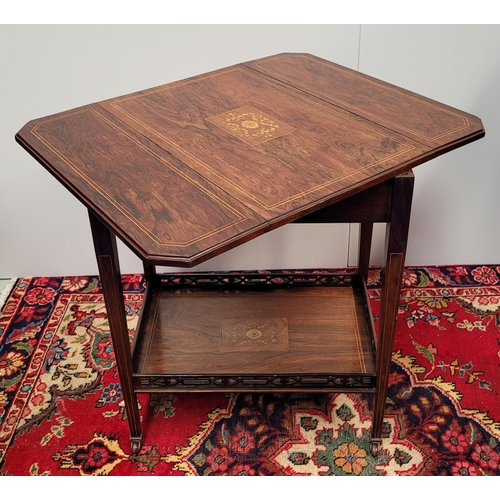 49 - A VERY FINE EDWARDIAN ROSEWOOD INLAID DROP LEAF TROLLEY TABLE, 	the top adorned with central inlaid ... 