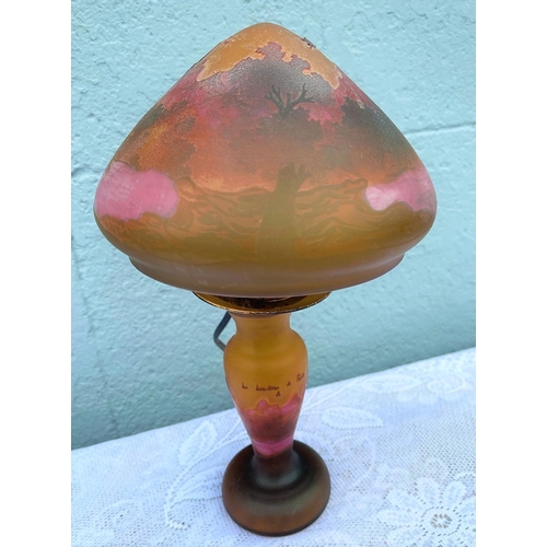 56 - AN ART NEAVEAU STYLE CAMEO GLASS TABLE LAMP, mushroom shaped, decorated with a landscape scene to th... 