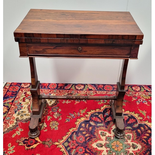 59 - A VERY FINE 19TH CENTURY ROSEWOOD FOLD OVER CARD TABLE, the fold over top swivels smoothly anti cloc... 