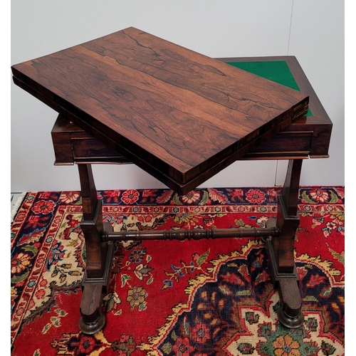 59 - A VERY FINE 19TH CENTURY ROSEWOOD FOLD OVER CARD TABLE, the fold over top swivels smoothly anti cloc... 