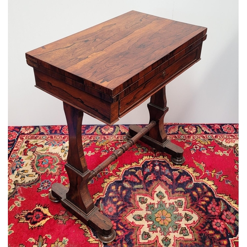 59 - A VERY FINE 19TH CENTURY ROSEWOOD FOLD OVER CARD TABLE, the fold over top swivels smoothly anti cloc... 