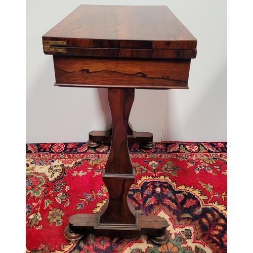 59 - A VERY FINE 19TH CENTURY ROSEWOOD FOLD OVER CARD TABLE, the fold over top swivels smoothly anti cloc... 