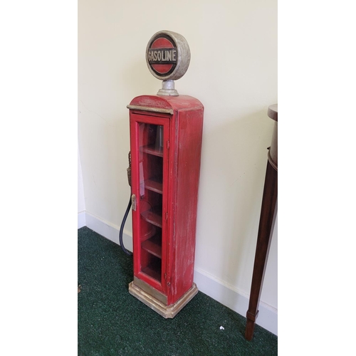 77 - A VINTAGE STYLE ‘GASOLINE’ PUMP CABINET,	 with glazed door, opens to reveal shelved interior. Would ... 