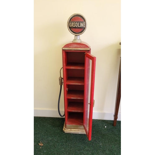 77 - A VINTAGE STYLE ‘GASOLINE’ PUMP CABINET,	 with glazed door, opens to reveal shelved interior. Would ... 