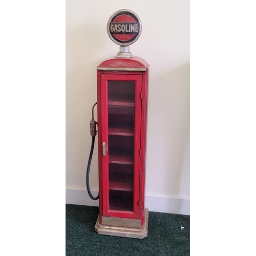 77 - A VINTAGE STYLE ‘GASOLINE’ PUMP CABINET,	 with glazed door, opens to reveal shelved interior. Would ... 