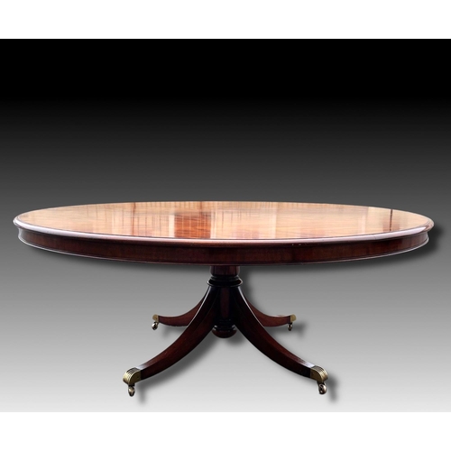 80 - A FINE CIRCULAR MAHOGANY DINING TABLE, striking mahogany top sits upon a short carved and turned col... 