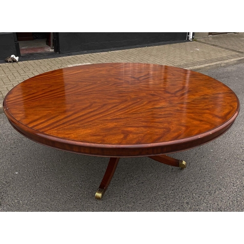 80 - A FINE CIRCULAR MAHOGANY DINING TABLE, striking mahogany top sits upon a short carved and turned col... 