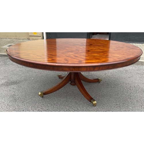 80 - A FINE CIRCULAR MAHOGANY DINING TABLE, striking mahogany top sits upon a short carved and turned col... 