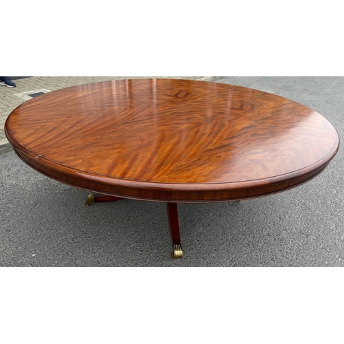 80 - A FINE CIRCULAR MAHOGANY DINING TABLE, striking mahogany top sits upon a short carved and turned col... 