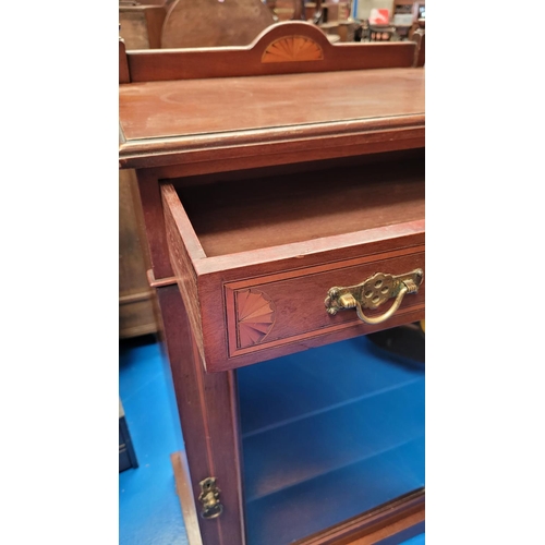 82 - A GOOD QUALITY MAHOGANY INLAID EDWARDIAN MUSIC / DISPLAY CABINET, with raised back gallery decorated... 