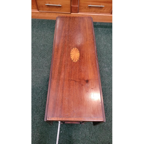 94 - A GOOD QUALITY MAHOGANY & SATINWOOD INLAID DROP LEAF SUTHERLAND TABLE, with canted corners to the dr... 