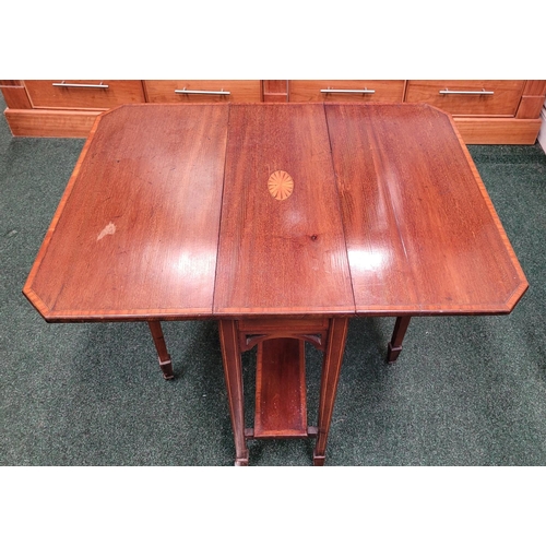 94 - A GOOD QUALITY MAHOGANY & SATINWOOD INLAID DROP LEAF SUTHERLAND TABLE, with canted corners to the dr... 