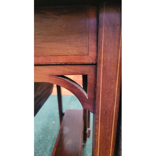 94 - A GOOD QUALITY MAHOGANY & SATINWOOD INLAID DROP LEAF SUTHERLAND TABLE, with canted corners to the dr... 