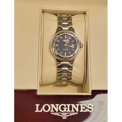 118 - A LADIES LONGINES CASED 'SPORT WING' WATCH, Swiss made, stainless steel, numbered 28403644 to the ba... 