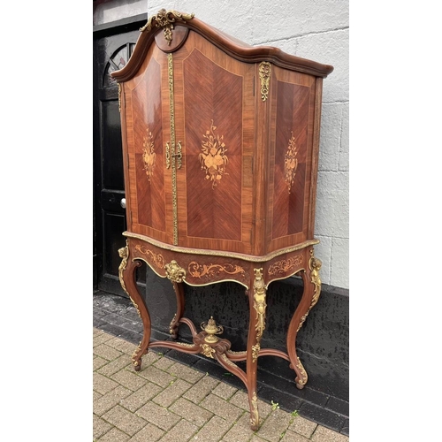 1 - A HIGHLY DECORATIVE QUEEN ANNE STYLE DRINKS CABINET, serpentine shaped, satinwood and kingwood, high... 