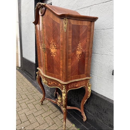 1 - A HIGHLY DECORATIVE QUEEN ANNE STYLE DRINKS CABINET, serpentine shaped, satinwood and kingwood, high... 