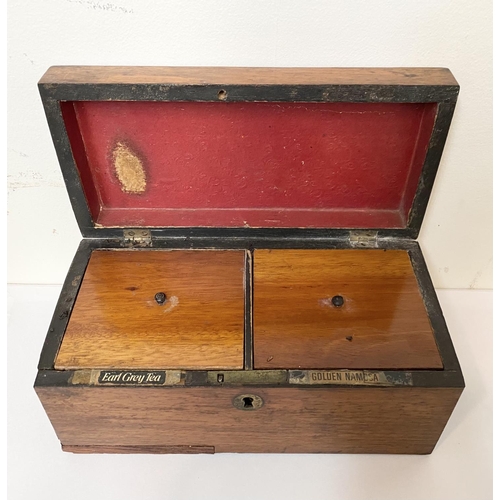 109 - A VICTORIAN MAHOGANY TEA CADDY, opening to two compartments, labelled, with measuring spoon, Dimensi... 