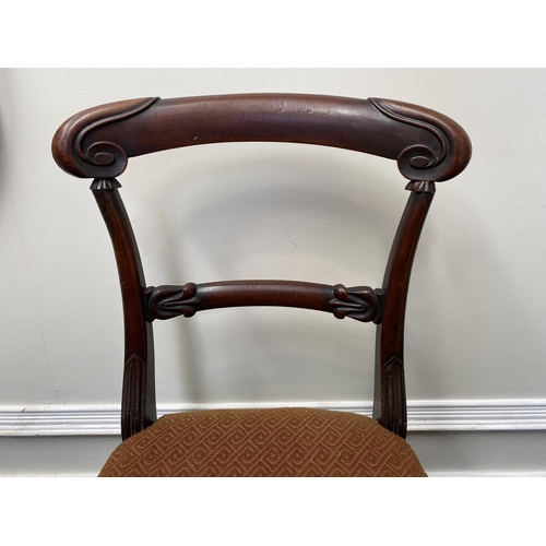 110 - A VICTORIAN MAHOGANY DINING CHAIR, balloon back, with carving to back splat, upholstered seat, stand... 