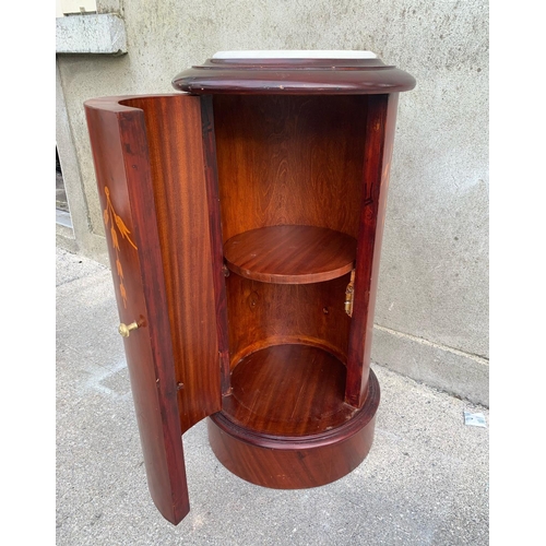 118 - A MAHOGANY INLAID MARBLE TOPPED BEDSIDE TABLE, cylindrical form, with one door, inlaid to front open... 