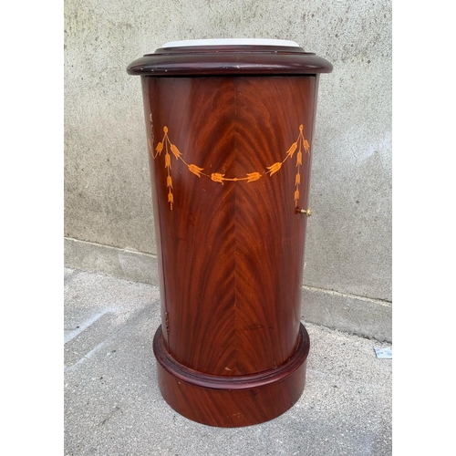 118 - A MAHOGANY INLAID MARBLE TOPPED BEDSIDE TABLE, cylindrical form, with one door, inlaid to front open... 