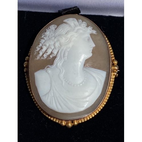 128 - AN ANTIQUE 9CT GOLD HAND-CARVED ITALIAN CAMEO BROOCH, finished with secure safety chain