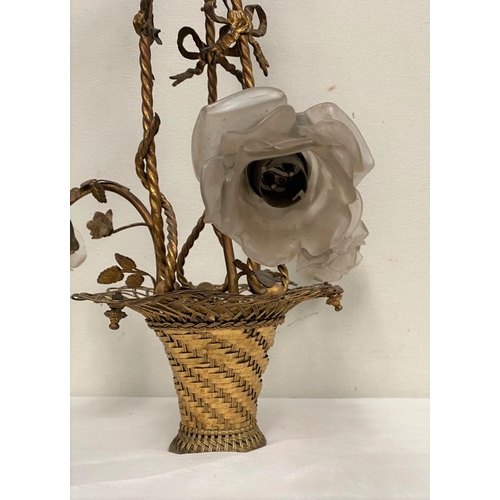 137 - A UNIQUE HANGING LAMP IN THE FORM OF BASKET WITH FLOWERS, with three floral shaped light fittings, w... 