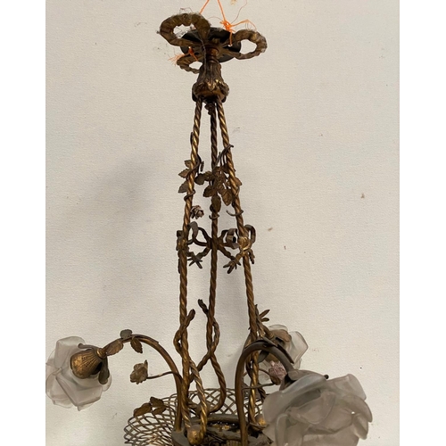 137 - A UNIQUE HANGING LAMP IN THE FORM OF BASKET WITH FLOWERS, with three floral shaped light fittings, w... 