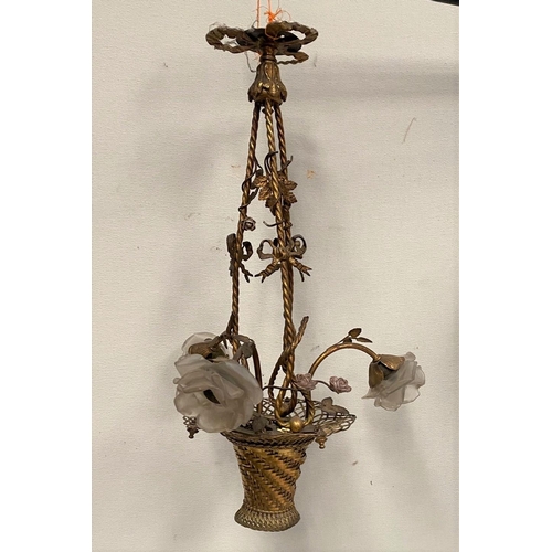 137 - A UNIQUE HANGING LAMP IN THE FORM OF BASKET WITH FLOWERS, with three floral shaped light fittings, w... 