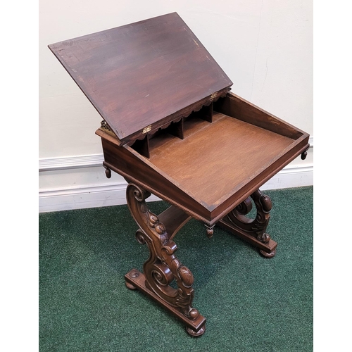 142 - A VERY FINE 19TH CENTURY MAHOGANY LEATHER TOPPED DAVENPORT WRITING DESK, 	the top with brass gallery... 