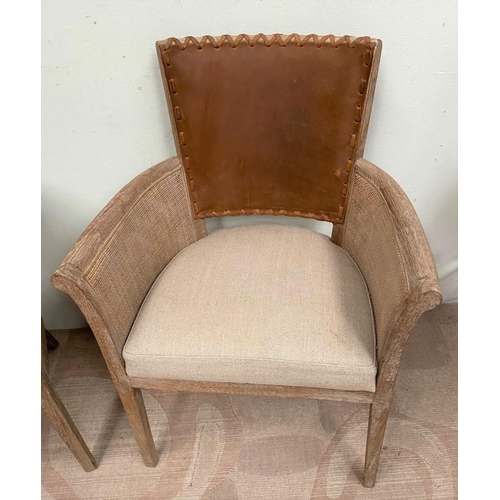 15 - A PAIR OF DESIGNER OAK BERGERE ARMCHAIRS, bergere armchairs with leather to backs, upholstered cushi... 