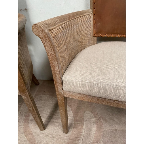 15 - A PAIR OF DESIGNER OAK BERGERE ARMCHAIRS, bergere armchairs with leather to backs, upholstered cushi... 