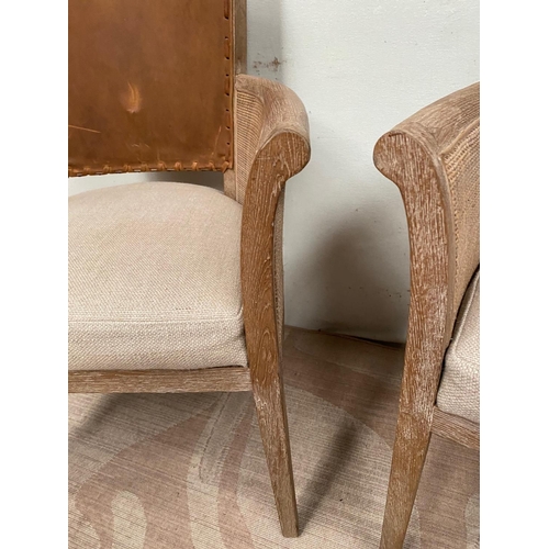 15 - A PAIR OF DESIGNER OAK BERGERE ARMCHAIRS, bergere armchairs with leather to backs, upholstered cushi... 