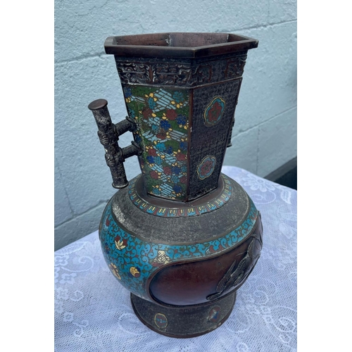 17 - A CHINESE BRONZE AND CLOISANNE TWO HANDLED JAR/CENSOR, tapered octagonal neck leading to circular bo... 