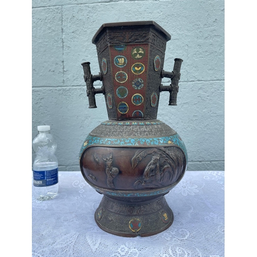 17 - A CHINESE BRONZE AND CLOISANNE TWO HANDLED JAR/CENSOR, tapered octagonal neck leading to circular bo... 