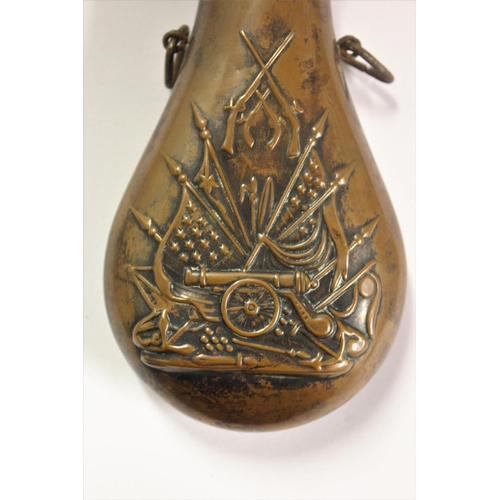 174 - A 19TH CENTURY AMERICAN CIVIL-WAR ERA GUNPOWDER FLASK, flask body constructed of bronze, having a br... 