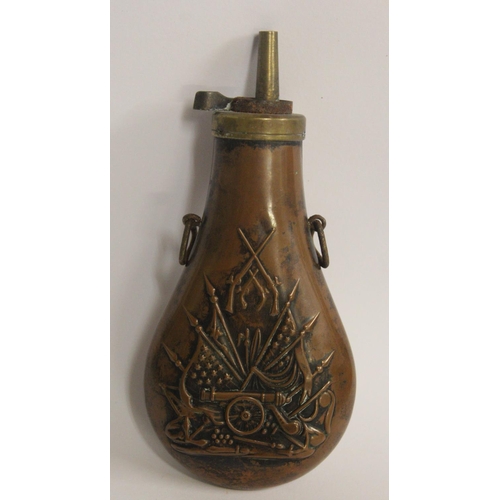 174 - A 19TH CENTURY AMERICAN CIVIL-WAR ERA GUNPOWDER FLASK, flask body constructed of bronze, having a br... 