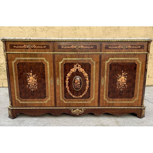 18 - A FRENCH MARBLE TOP CREDENZA, highly decorated throughout with inlay detail and brass mounts, three ... 