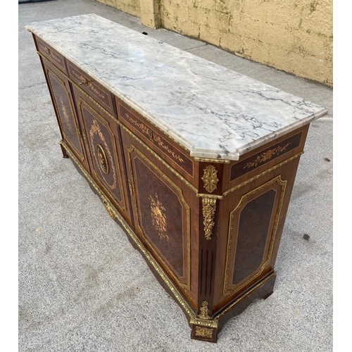 18 - A FRENCH MARBLE TOP CREDENZA, highly decorated throughout with inlay detail and brass mounts, three ... 