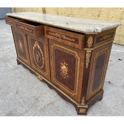 18 - A FRENCH MARBLE TOP CREDENZA, highly decorated throughout with inlay detail and brass mounts, three ... 