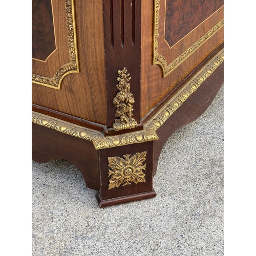 18 - A FRENCH MARBLE TOP CREDENZA, highly decorated throughout with inlay detail and brass mounts, three ... 